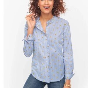 TALBOTS 3X Blue Stripe w/Hearts RUFFLE BAND COLLAR COTTON Blouse New No Tag
